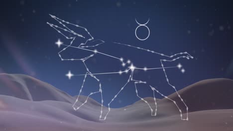 Animation-of-taurus-star-sign-over-snow-falling-on-blue-sky-in-background