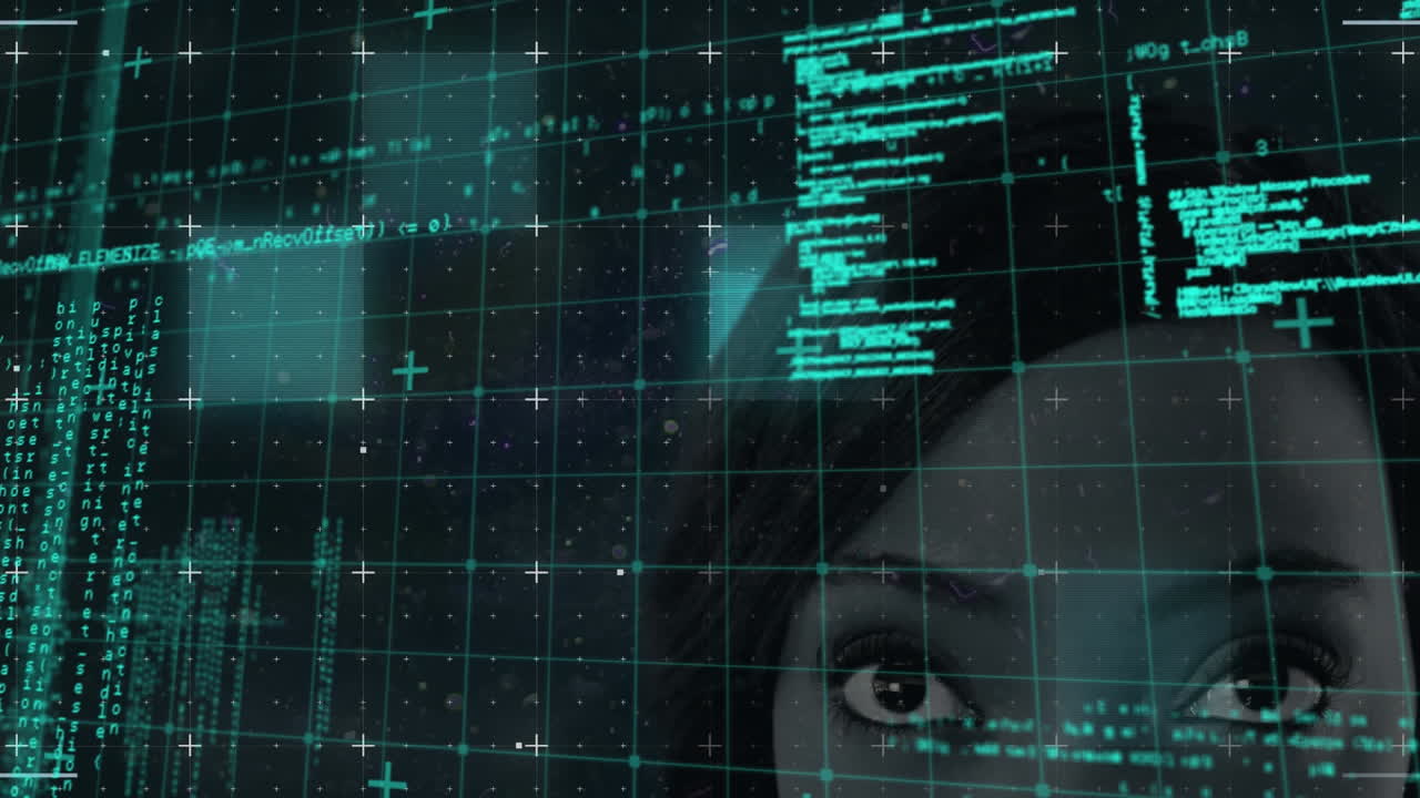 Animation of data processing over woman looking at camera