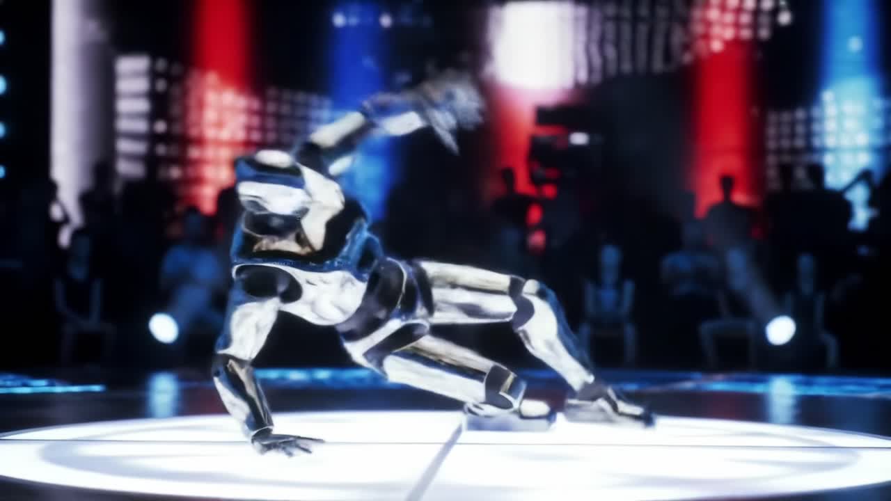 Futuristic Robot Showcases Breakdancing Skills in an Engaging Performance with Dynamic Stage Lighting and an Enthusiastic Audience Watching the Epic Dance Battle