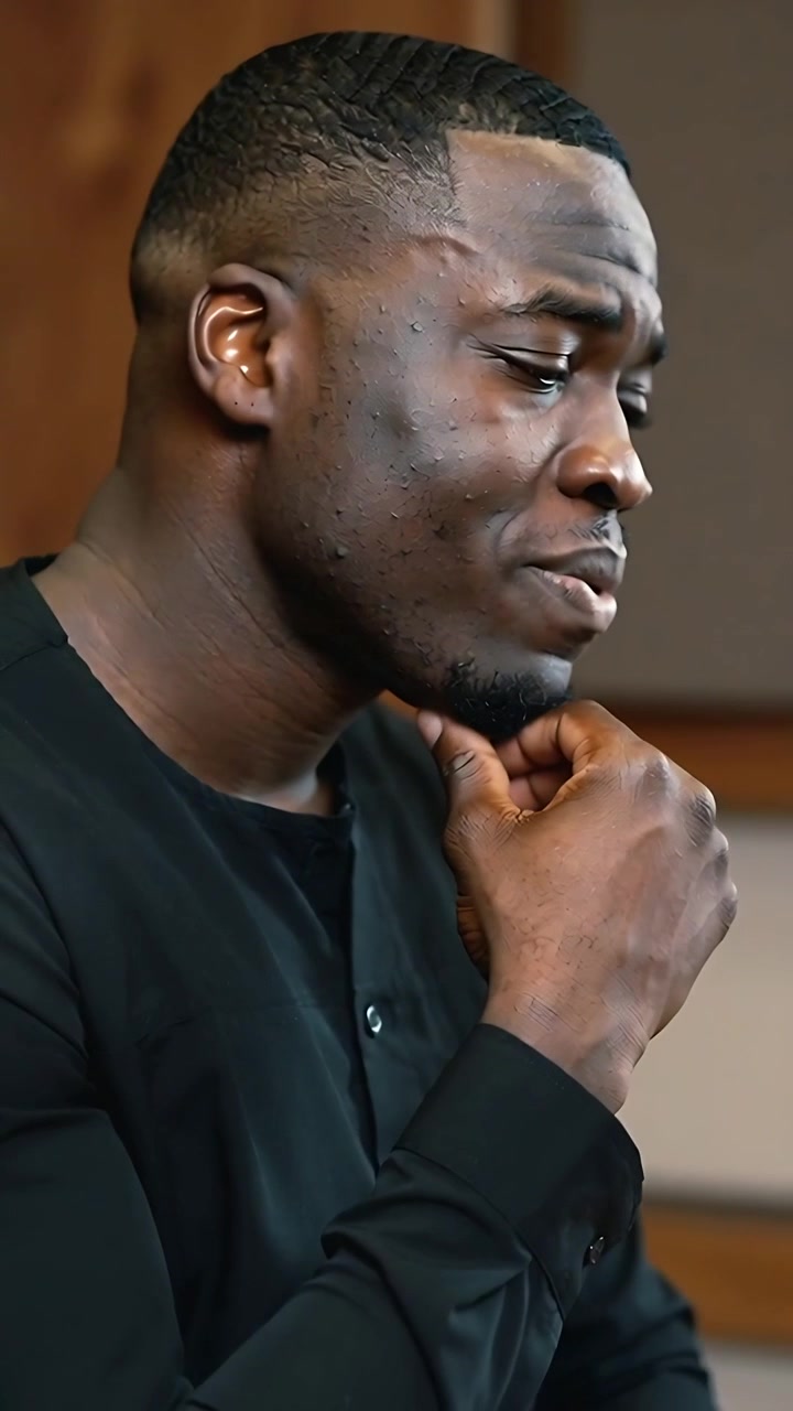 Vertical video: Starting man holding chin and rehearsing line in studio with black shirt, panels