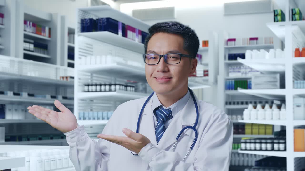 약국에서 미소 짓고 소개하는 약사