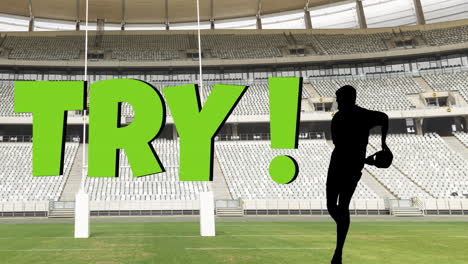 animation of try text with rugby player silhouette at stadium