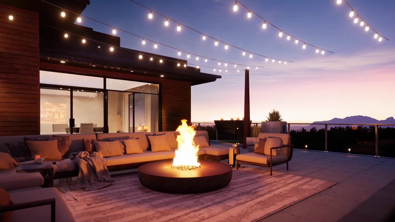 Modern Outdoor Patio with Fire Pit at Sunset