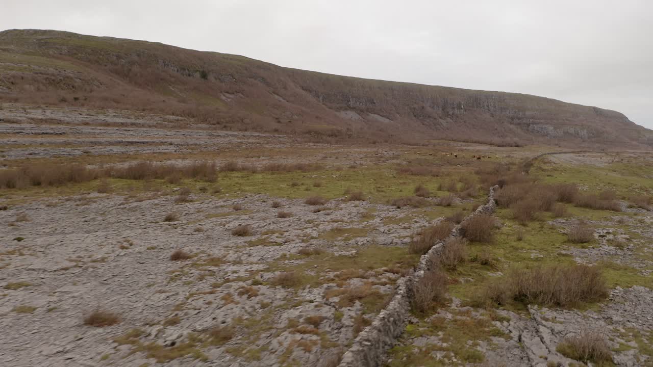 disparo de seguimiento con paredes de piedra y una colina rocosa en el parque nacional de burren