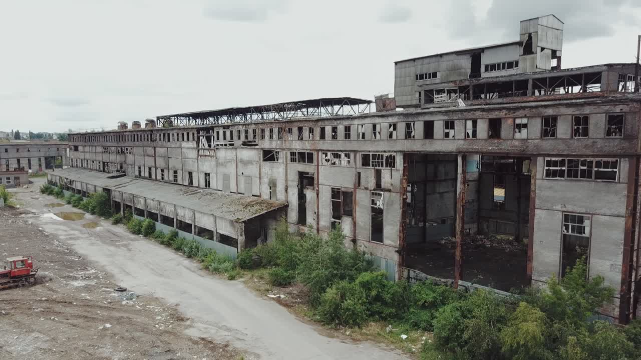 Abandoned ruined industrial factory building, ruins and demolition concept. Aerial view