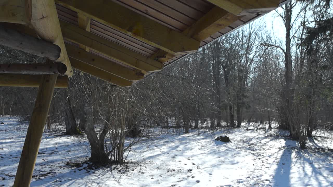Gorgeous slow motion footage of snow melting with water drops from a camping wooden roof in a winter forest during a sunny day. Ice is melting and white fluffy and soft snow is visible around.