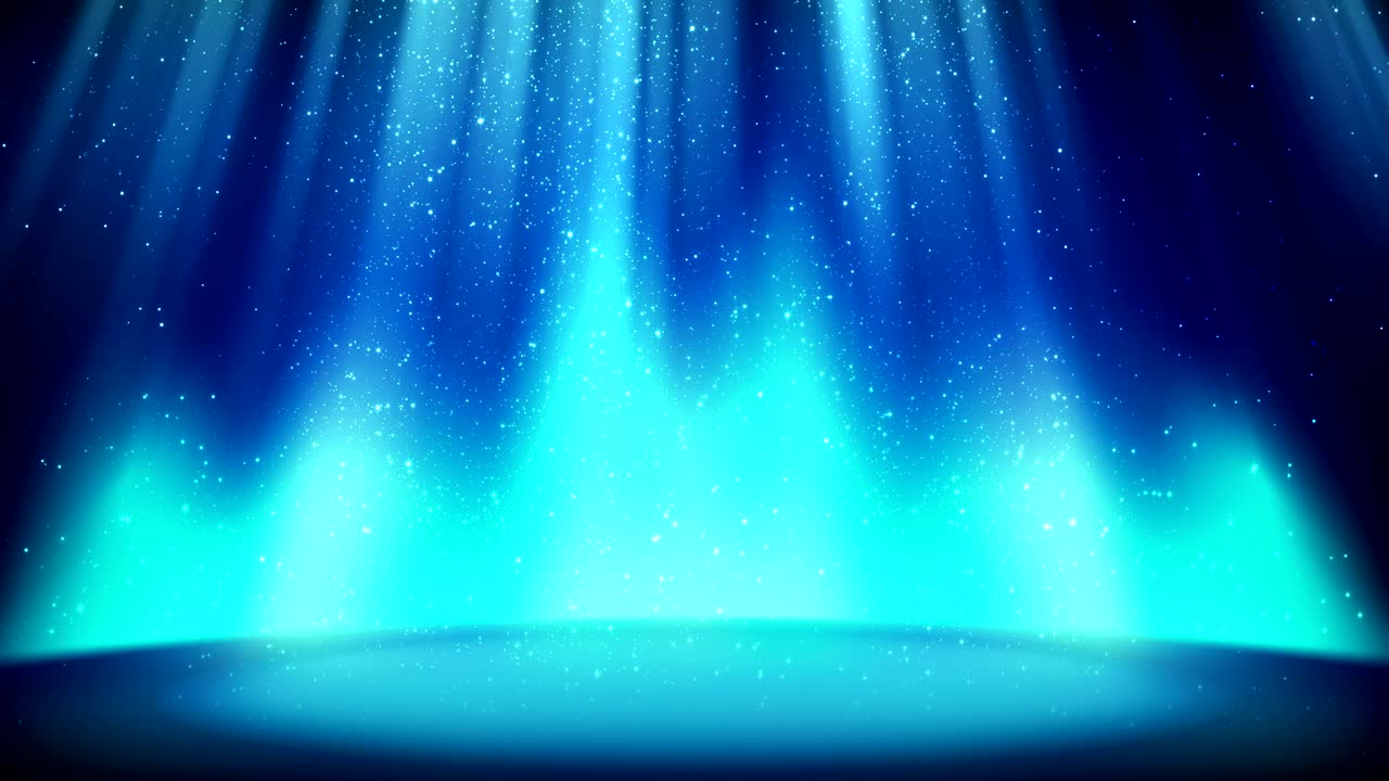 반이는 배경에 파란색 장면, 밝은 시안 스포트라이트로 조명 된 빈 장소, 반이는 반이는 입자가 떨어집니다. 매력적인 디자인을위한 다채로운 푸른 배경, 원활한 루프