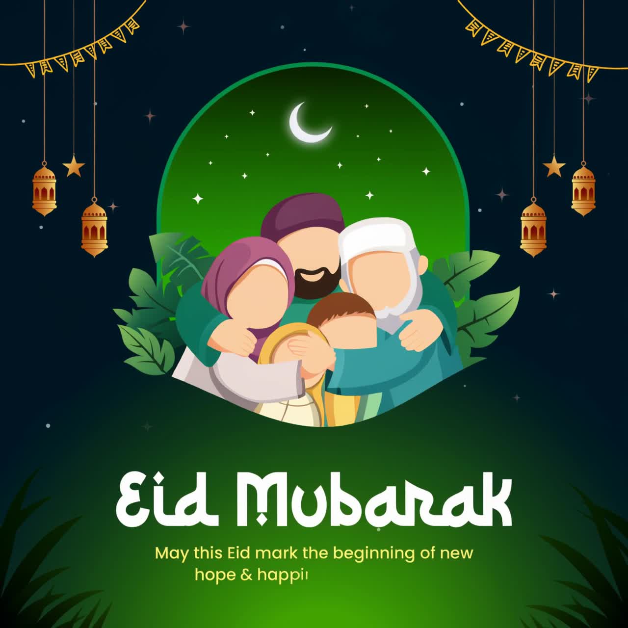 Famiglia Musulmana Animata che Celebra Eid Mubarak con Lanterne e Luna