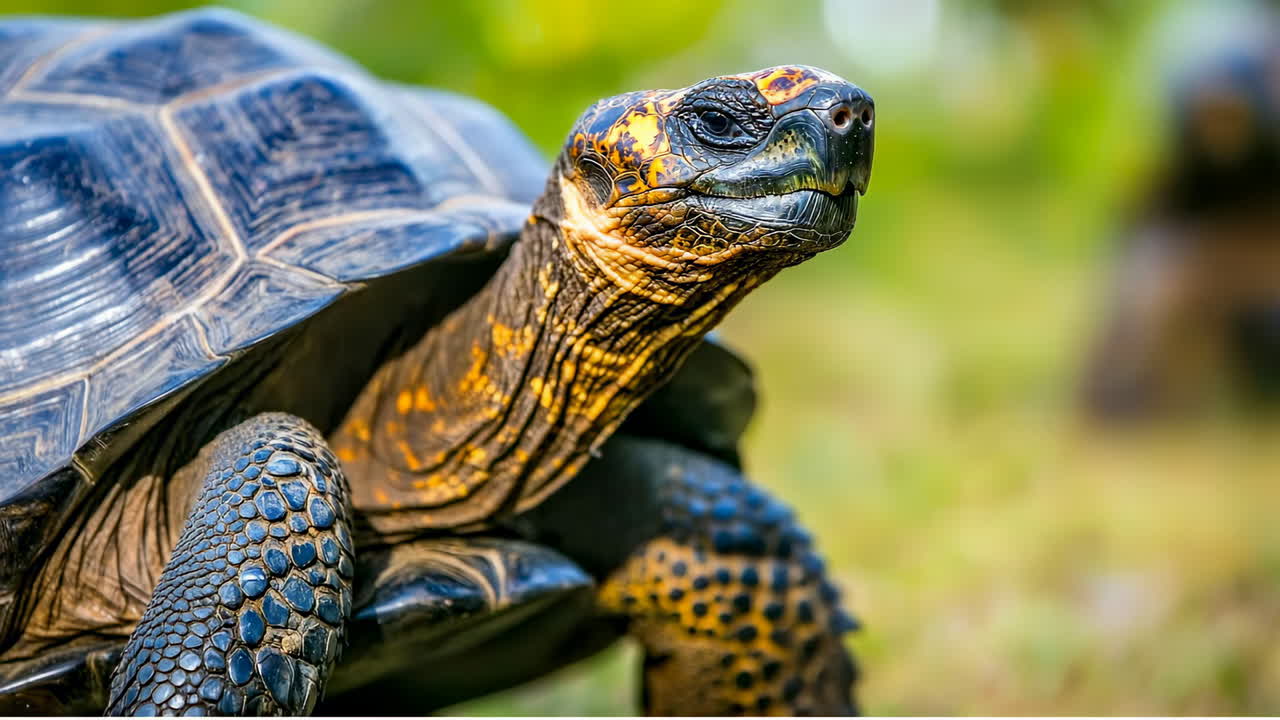 Turtle crawls on green grass in the sun. A turtle moves slowly on grass under sunlight while other turtles are in the background enjoying the warm day