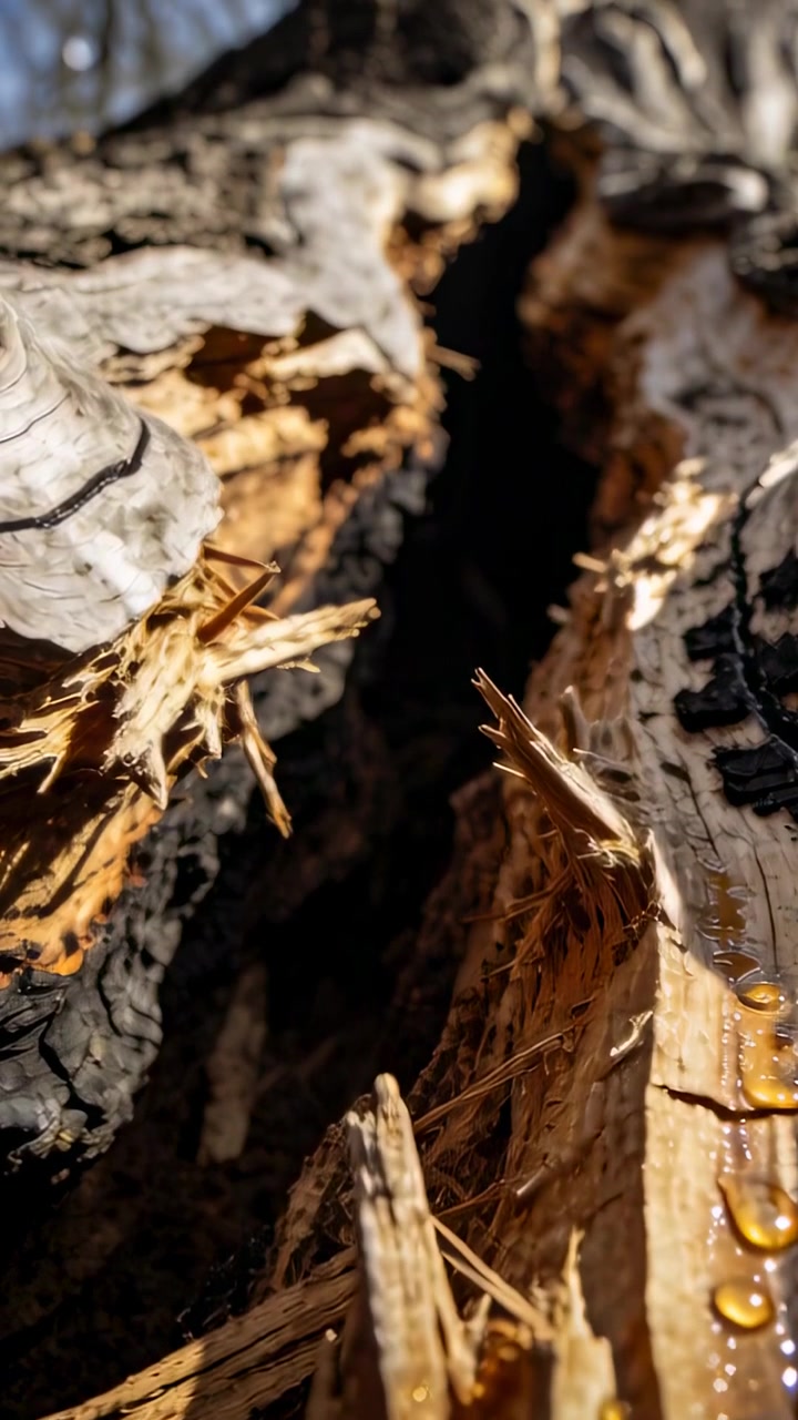 Video verticale: La telecamera si allontana mostrando un tronco d'albero spaccato in giardino con goccioline di linfa e un fungo a mensola.