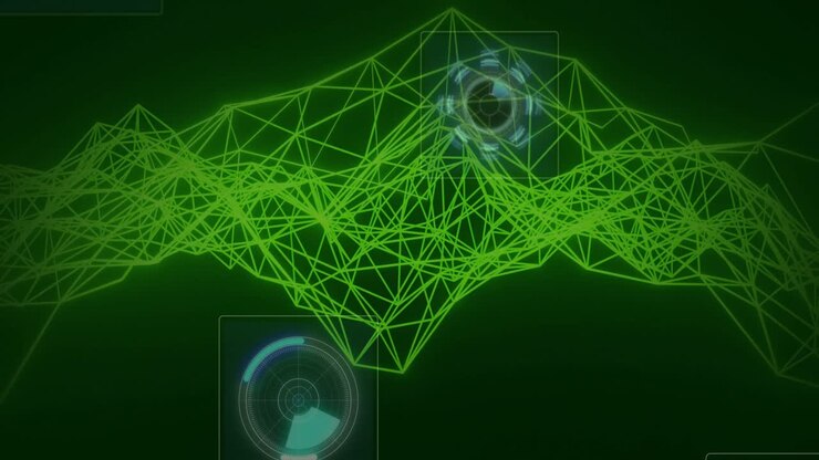Neon green wireframe mesh undulating over dark backdrop, displaying globe icon and UI panels