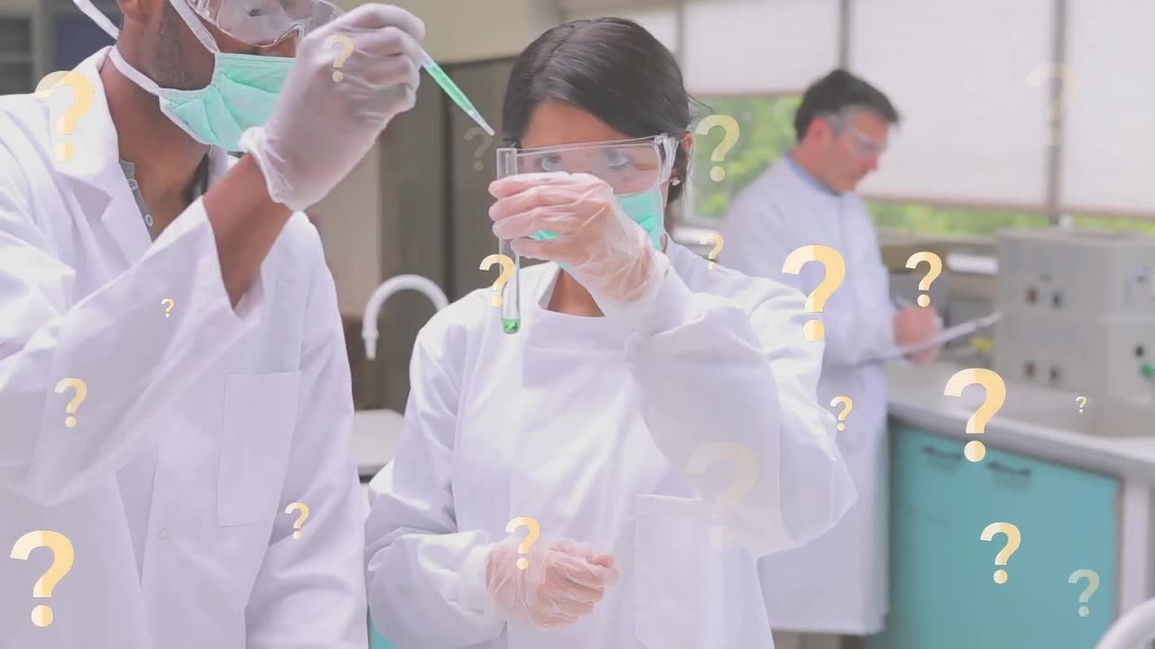 다양한 여성 및 남성 실험실 직원들의 플에 대한 질문표의 애니메이션