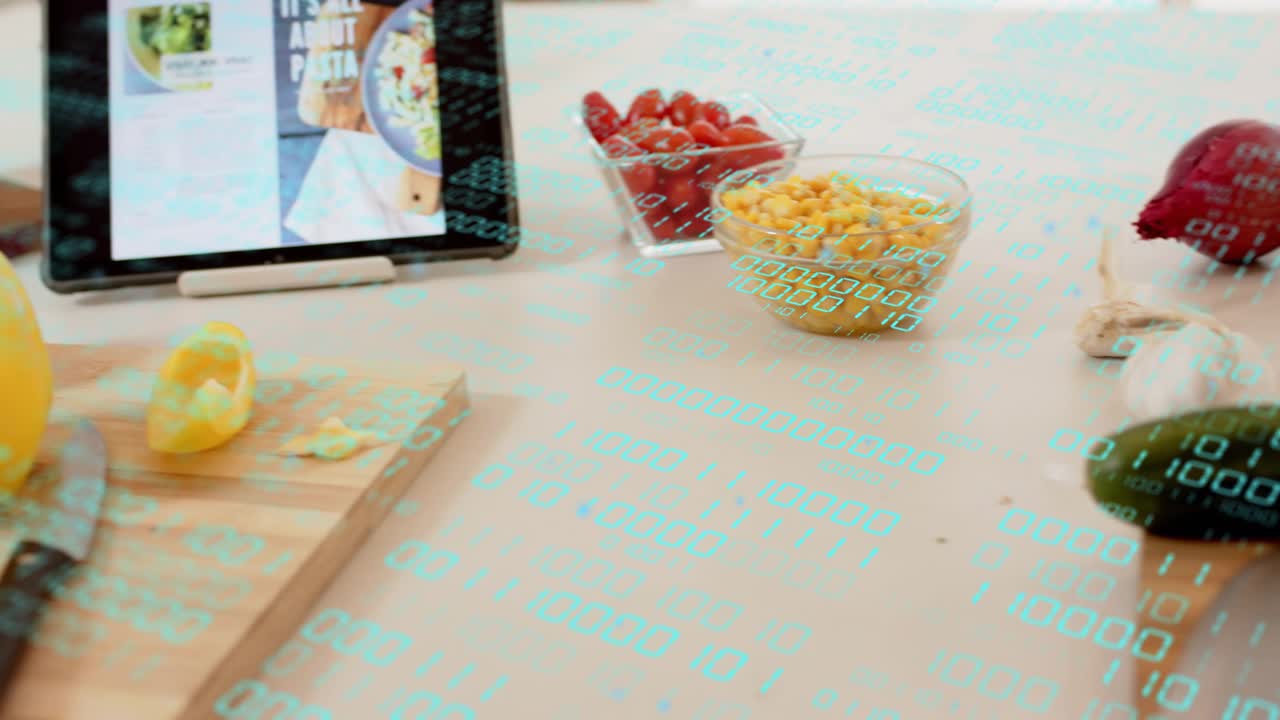 Camera starting left pan and zoom over countertop showing produce texture and green digit layer