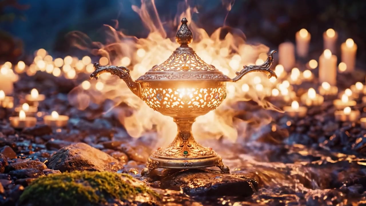 A Stunning Decorative Aladdin Lamp Surrounded by Glowing Candles and Misty Waters, Creating a Magical and Enchanting Atmosphere for a Visual Feast