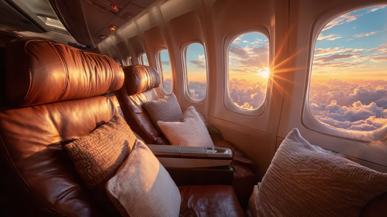 Cabine Luxuosa de Avião ao Pôr do Sol: Uma Atmosfera Aconchegante e Elegante com Assentos de Couro Acolchoados e Vistas Deslumbrantes do Céu de uma Perspectiva Aérea
