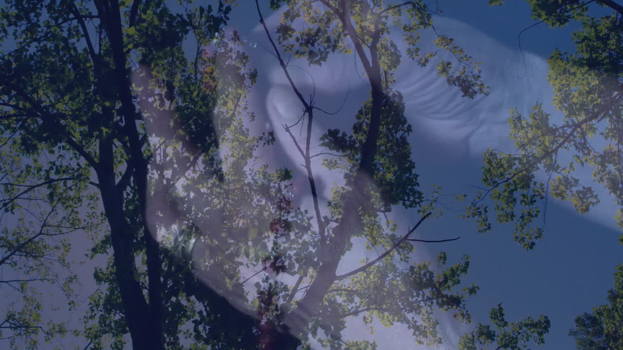 Animation of serene face overlaid with tree branches and green leaves