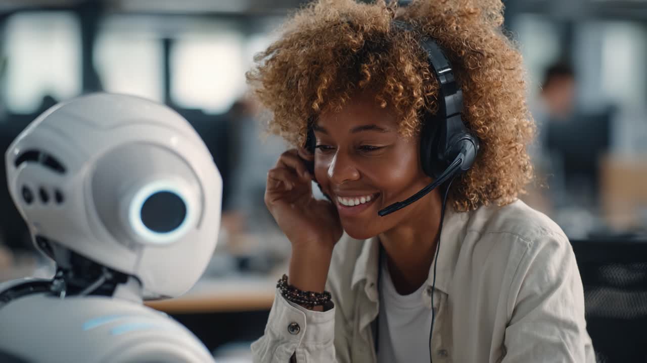 En interaksjon mellom menneske og robot: Engasjerende kommunikasjon mellom en smilende kvinne og en vennlig robot i et moderne kontormiljø, som fremhever fremtiden for teknologi og AI-samarbeid.