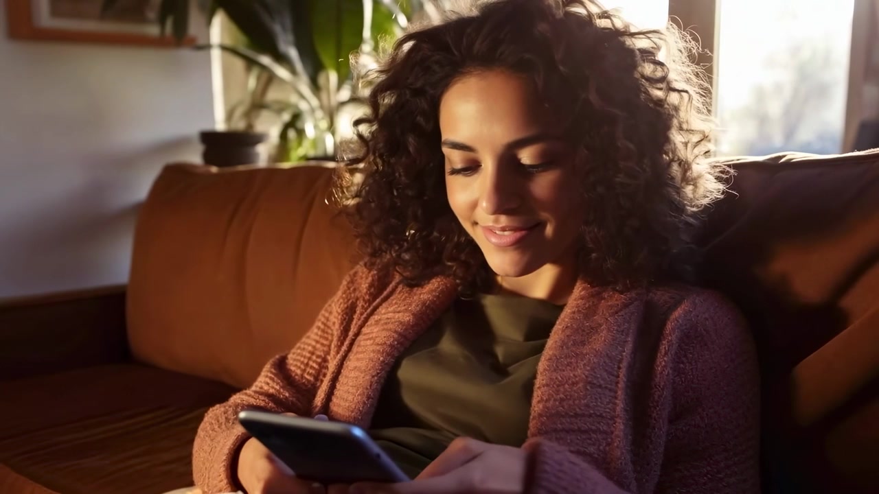 Ung kvinde bruger smartphone mens hun slapper af i sofaen derhjemme