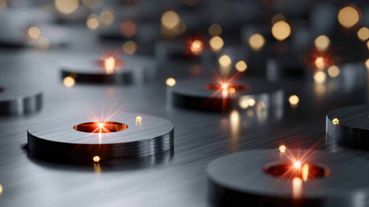 A Glimmering Array of Industrial Discs Featuring Intricate Details and Illuminated Points of Light set Against a Polished Metallic Background, Showcasing the Beauty of Precision Engineering