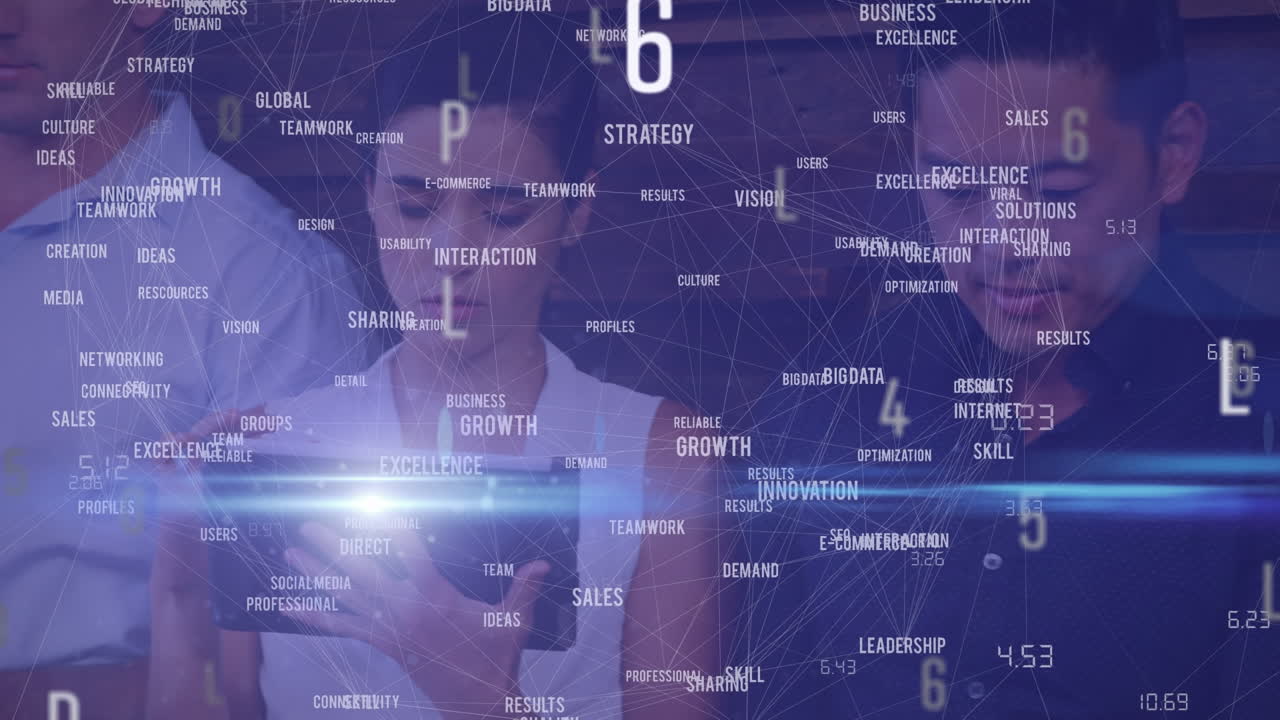 Animation of letters, light and writings over diverse man and woman using tablets