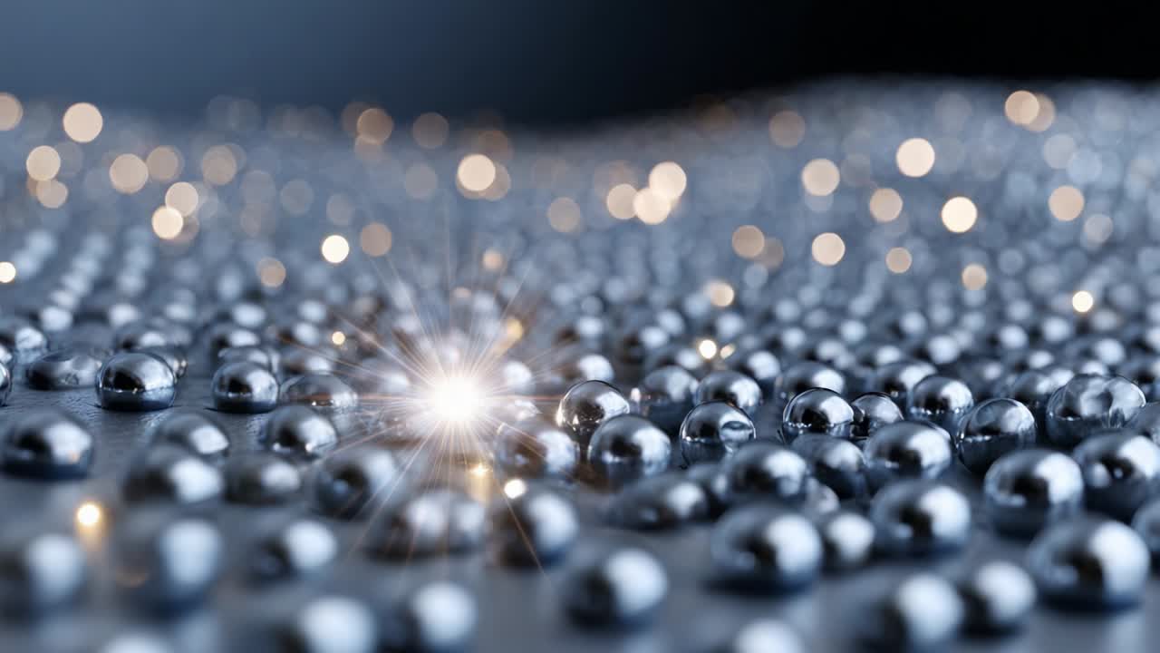 A mesmerizing array of reflective metallic spheres scattered across a surface, illuminated by shimmering lights that create a stunning visual spectacle, highlighting the beauty in intricate details of the scene