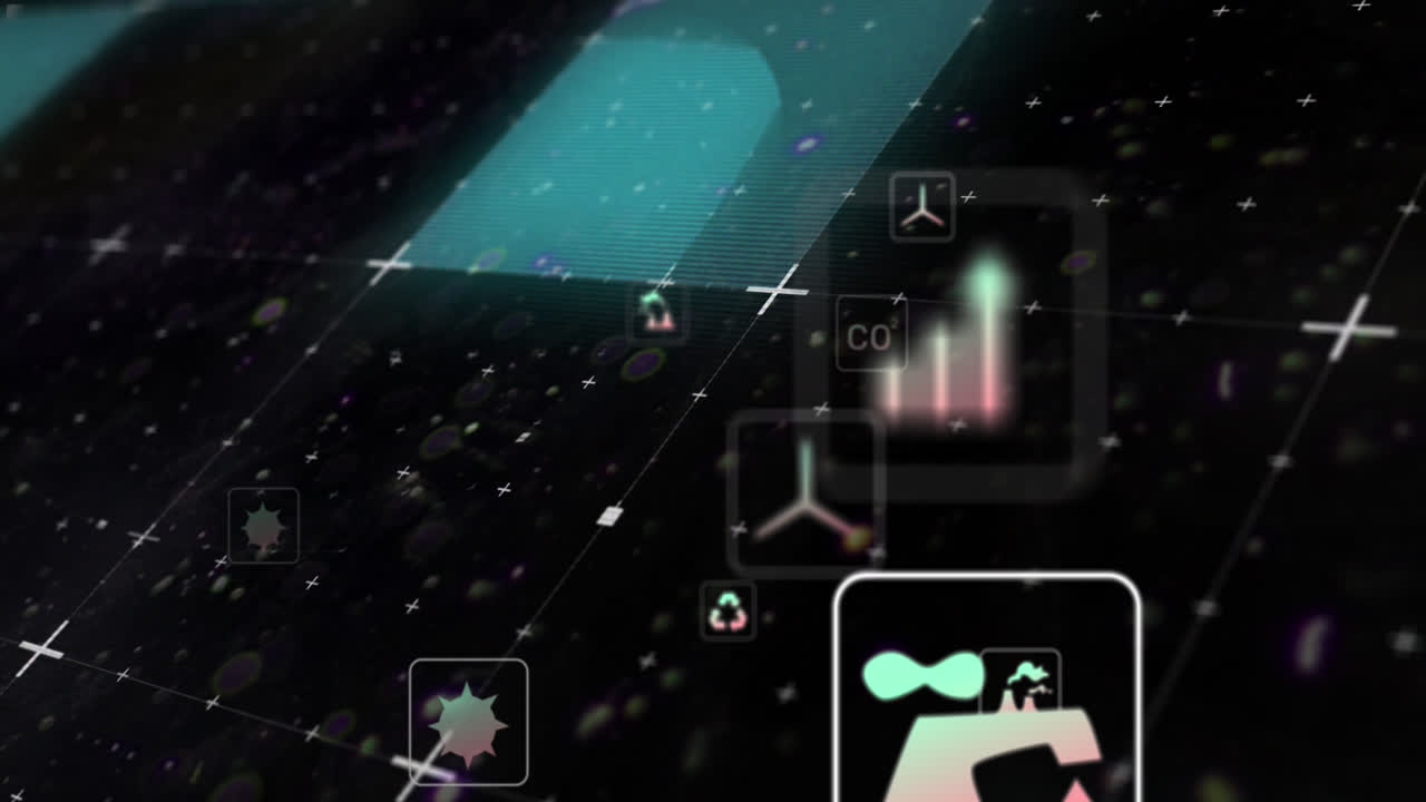 Animation of network of eco and environmentally friendly icons over grid