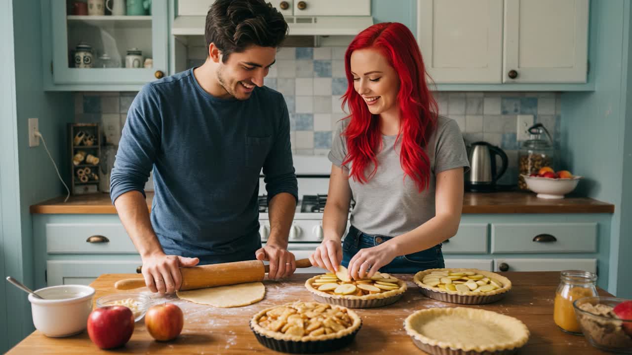 A happy couple baking apple pies together in their kitchen
