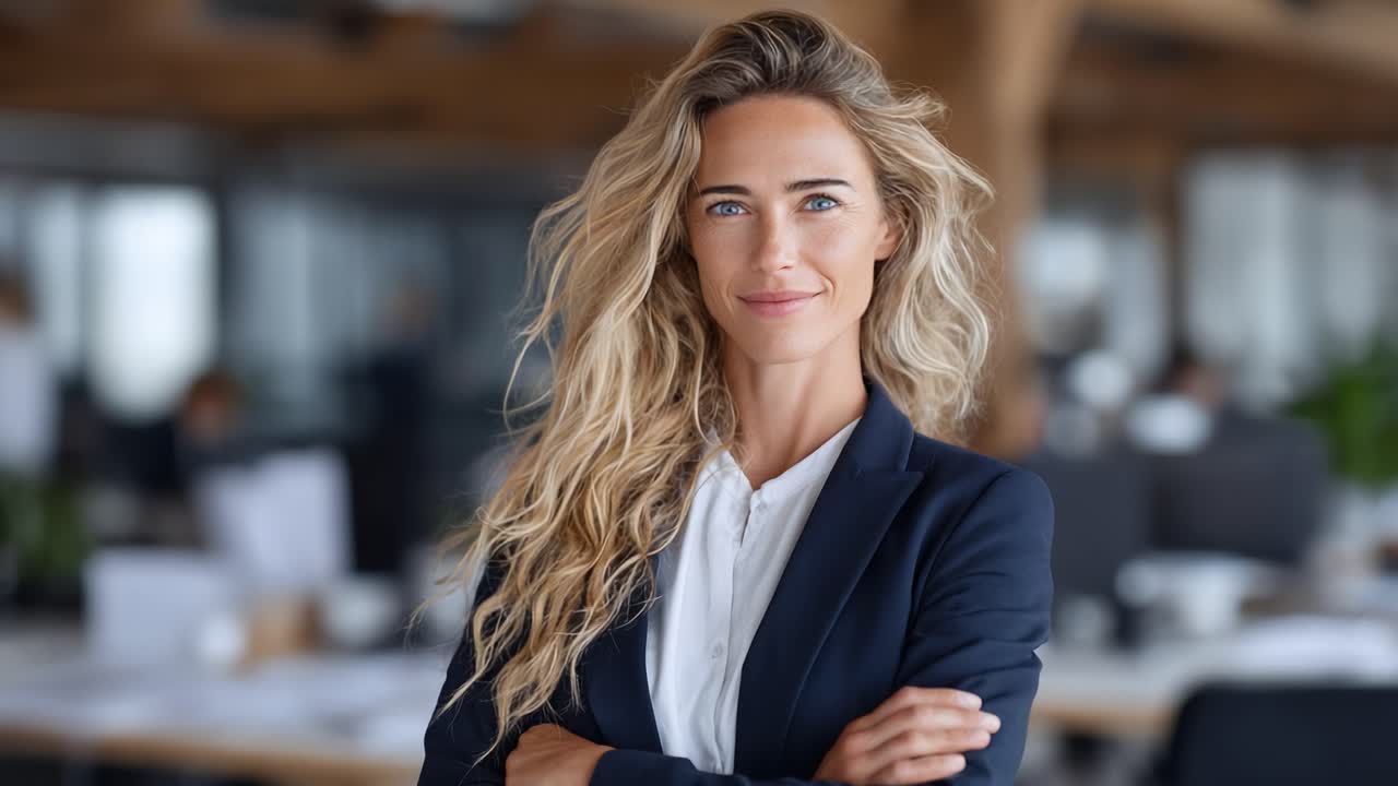Ritratto professionale e sicuro di sé: una donna elegante con lunghi capelli ondulati sorride con sicurezza in un ufficio moderno, trasmettendo successo e carisma