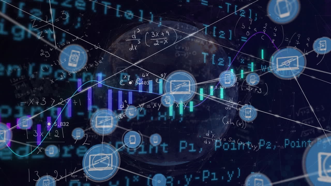 Animation of network of connections with icons over data processing