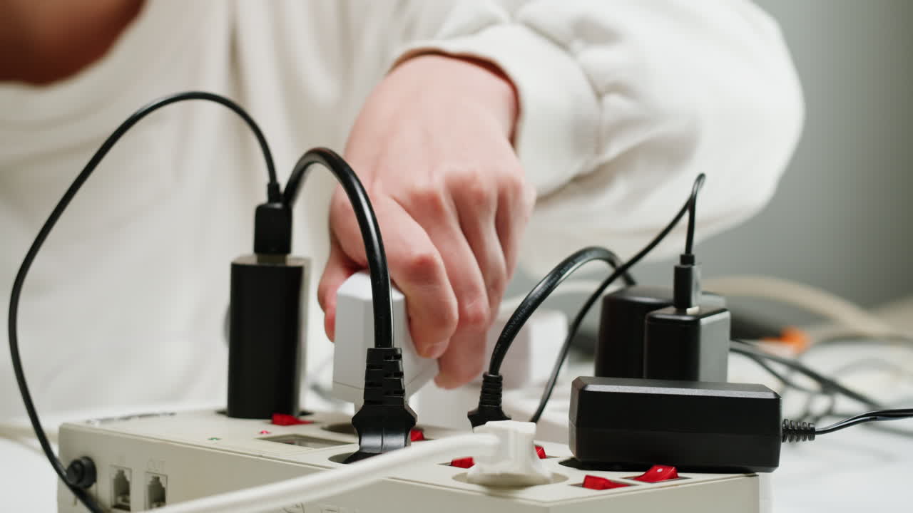 White power strip with many various of cords and cables in close-up. An extension cord with many power sockets. Adapter with phone, headphones, usb connectors.Tangled wires on table. Trying to untangle many messy cables.