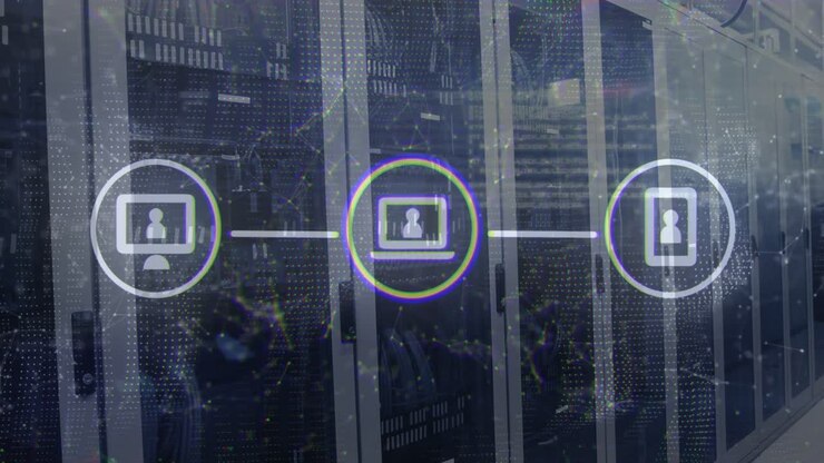 Network of digital icons over network of connections against computer server room