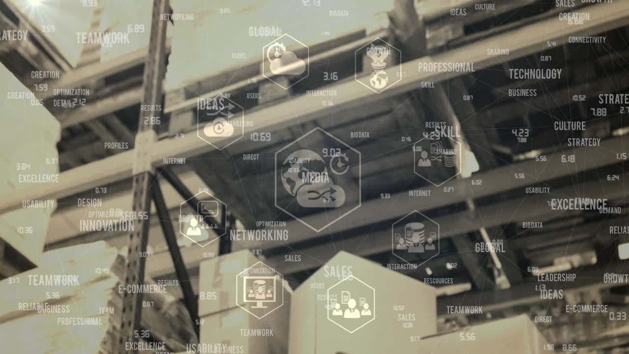 red de iconos digitales y textos de conceptos empresariales contra el almacén en el fondo