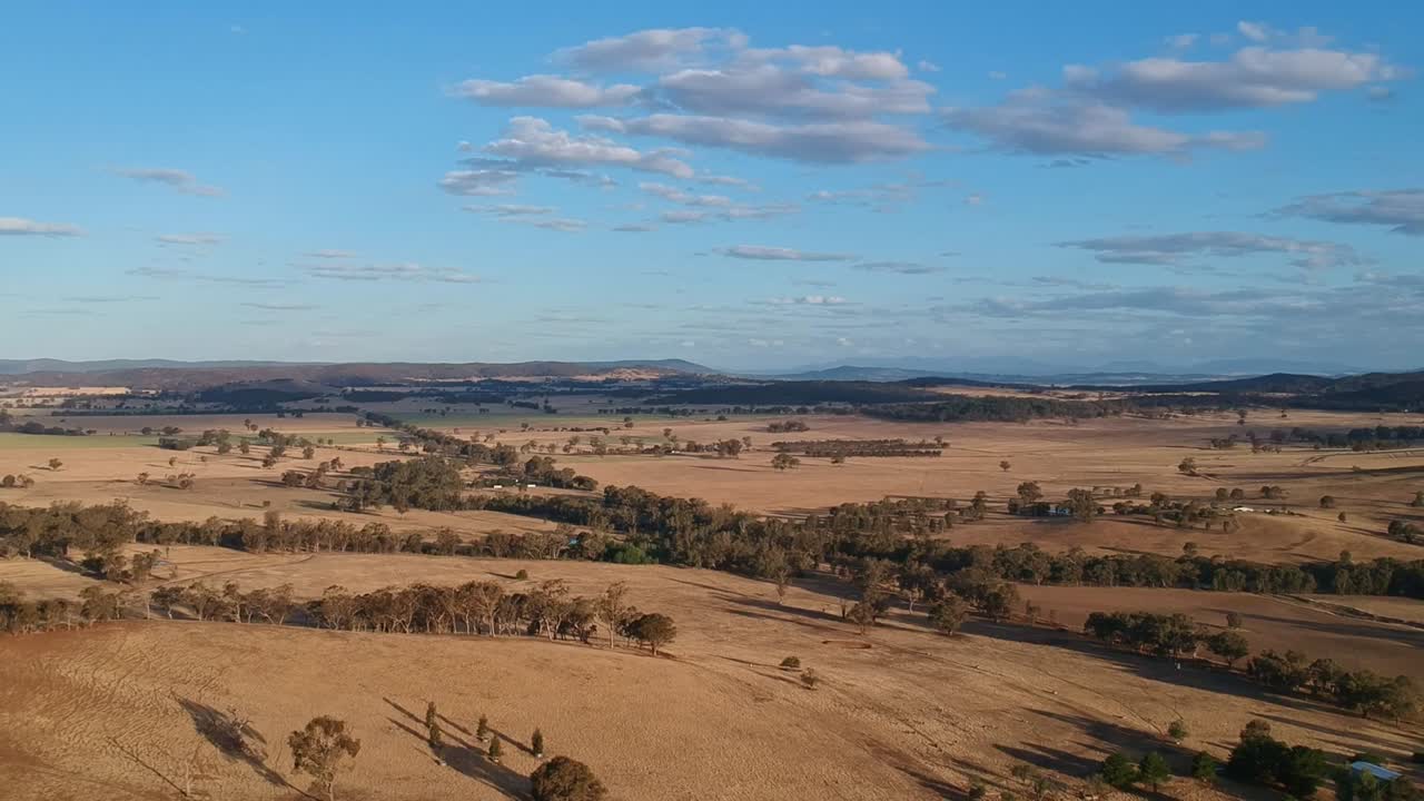 Vista aerea di colline e alberi agricoli in una zona vicino alla città di Benalla.