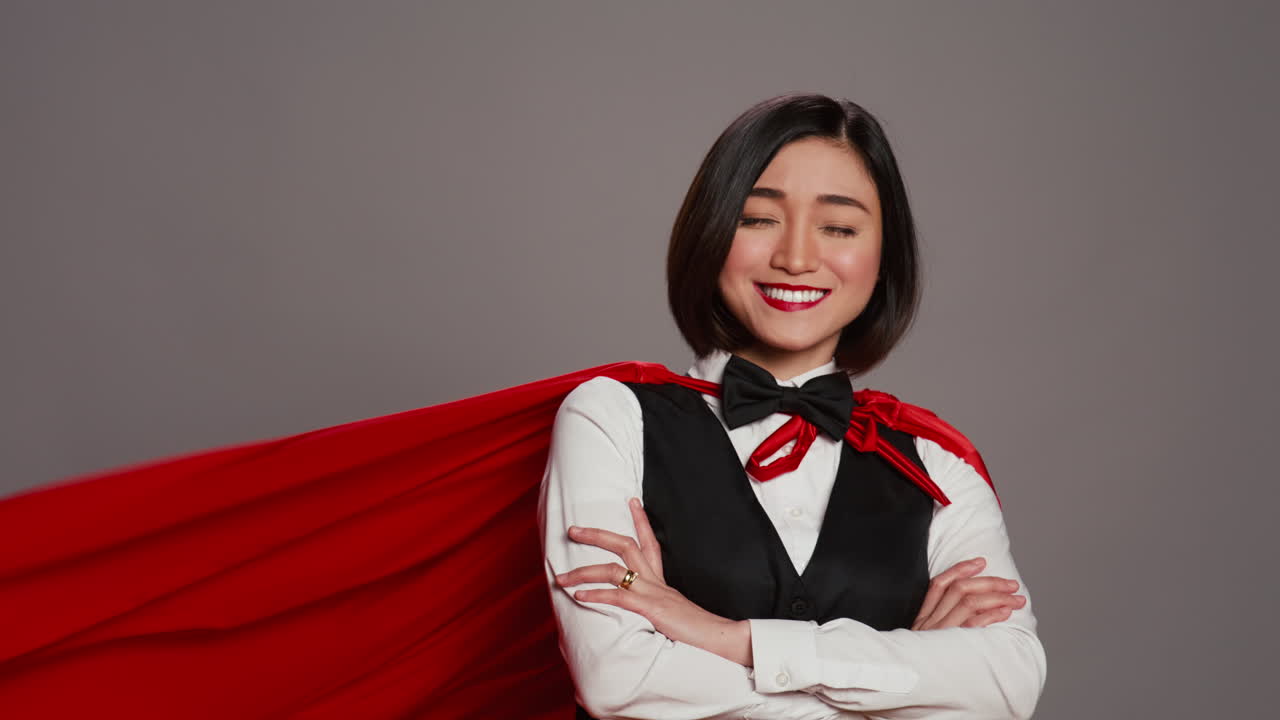 호텔 관리자가 카메라에 빨간 영웅 망토를 입고 있습니다.