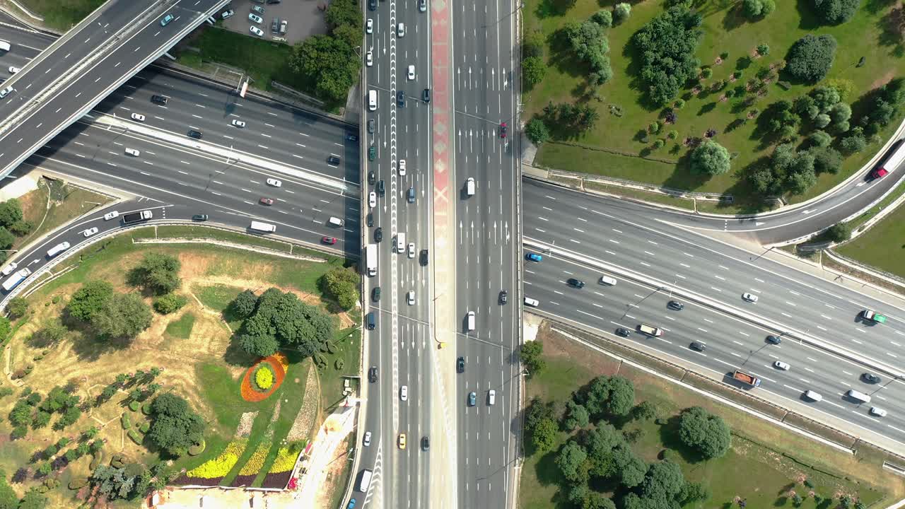 Top down aerial view of highway intersection