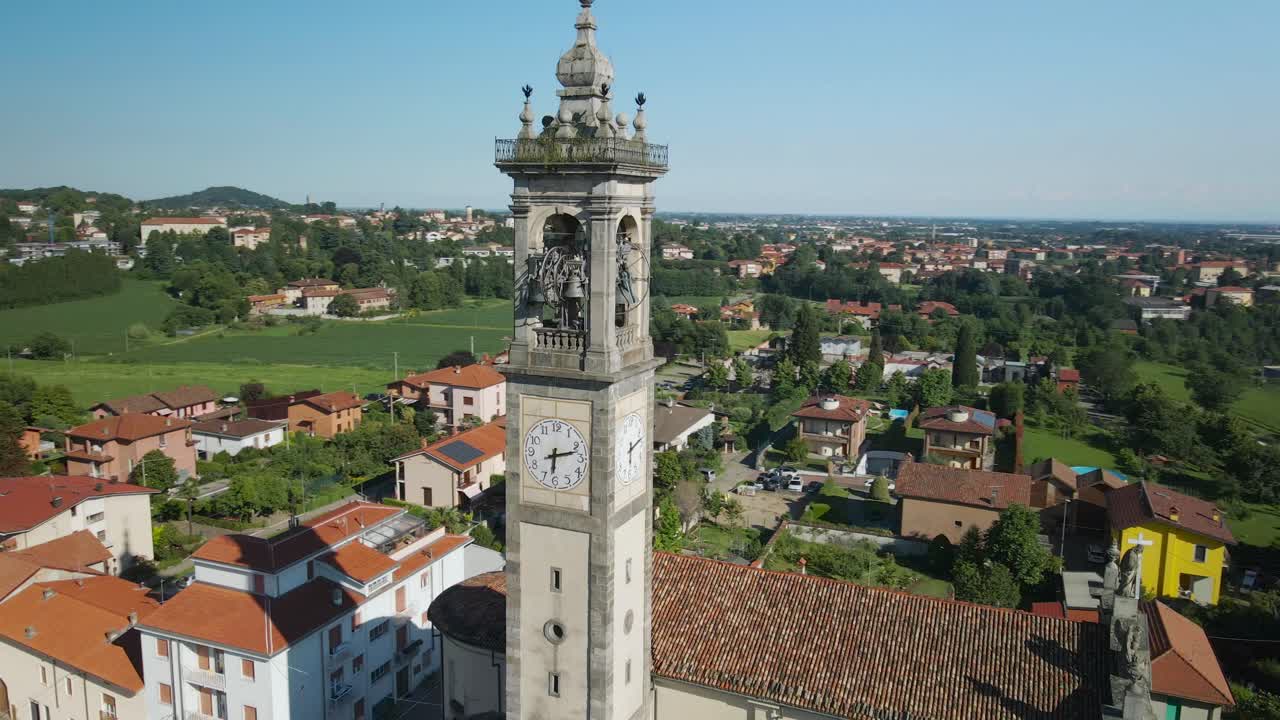 Bell tower of Pagnano, a picturesque old Italian town, small village located in Lombardy, Bergamo