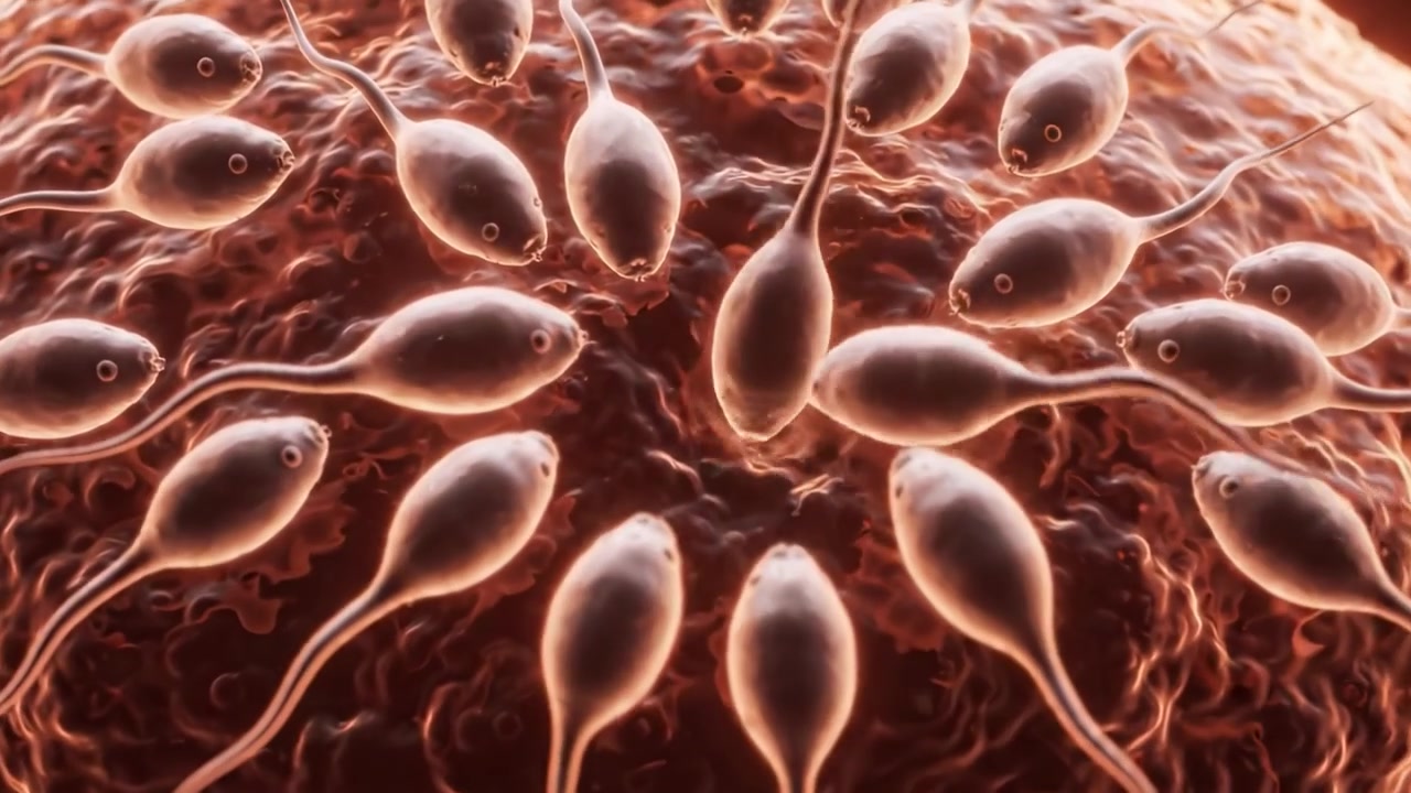 Un viaggio microscopico: spermatozoi che interagiscono con l'ovulo, mostrando la danza intricata e dinamica della biologia riproduttiva in una straordinaria rappresentazione visiva