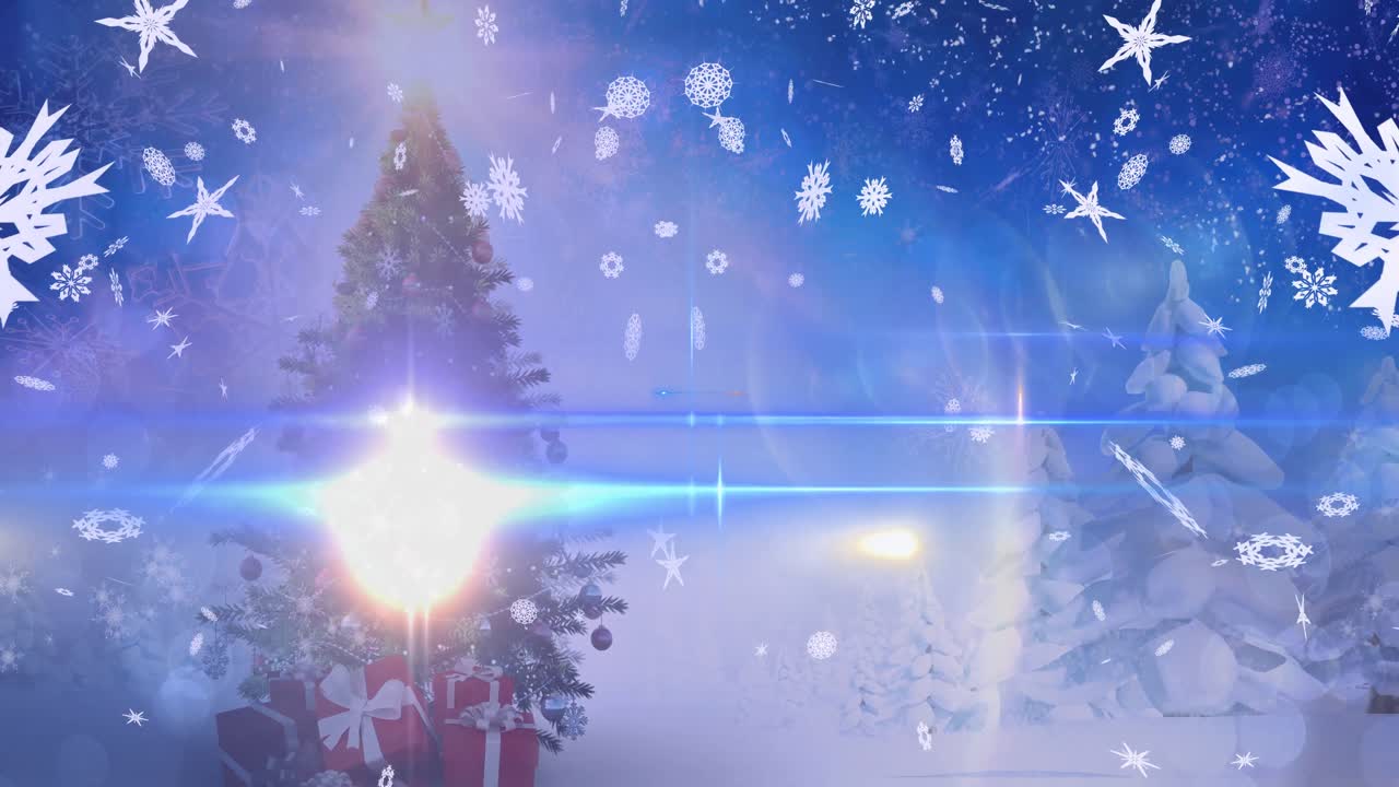 겨울 풍경 위에 내리는 눈의 애니메이션