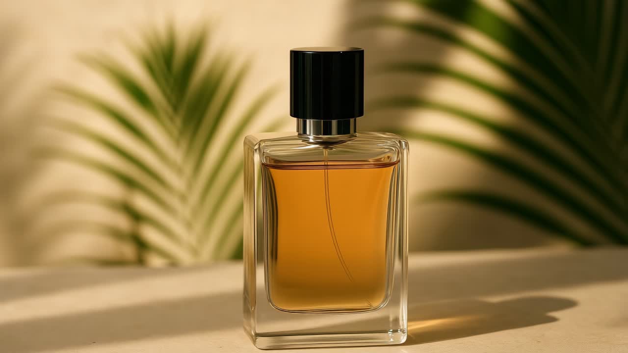 Elegante flacone di profumo con messa a fuoco morbida, ripreso ad altezza occhi
