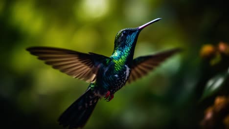 colorful hummingbird in mid-flight. a vibrant hummingbird hovers gracefully, showcasing iridescent feathers against a blurred green background.