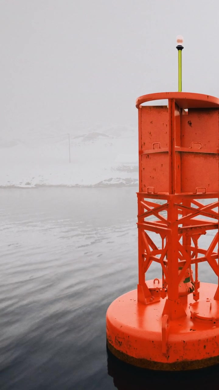 Bright orange buoy floats on a cold body of water near snowy land area