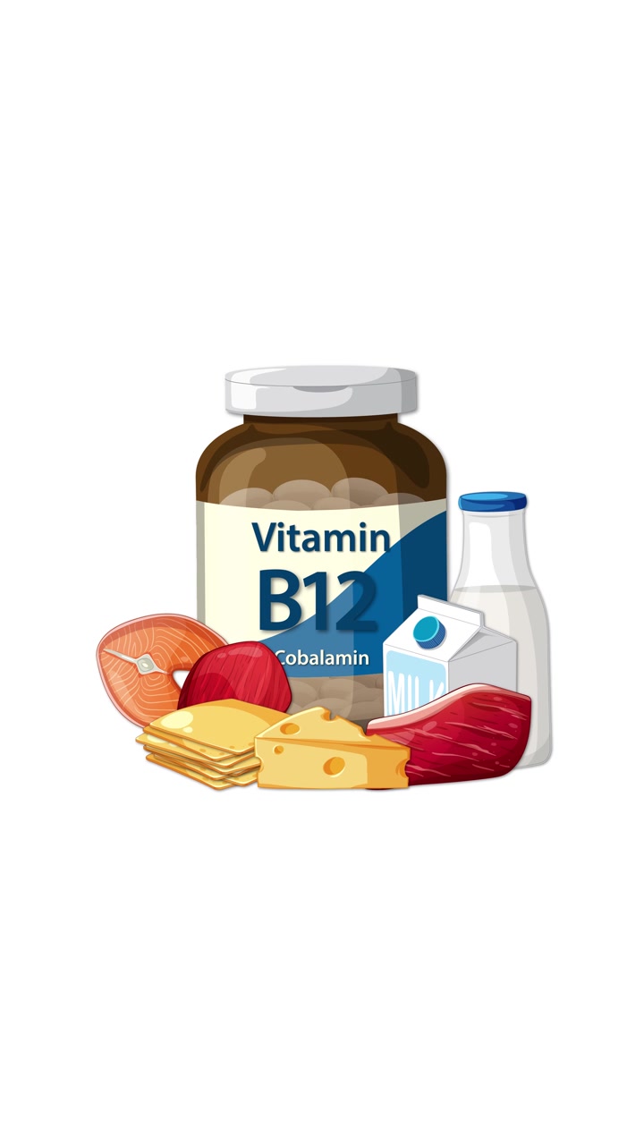 Vitamin B12 bottle appears with meat, cheese, milk, and carton on white background, smooth transitions