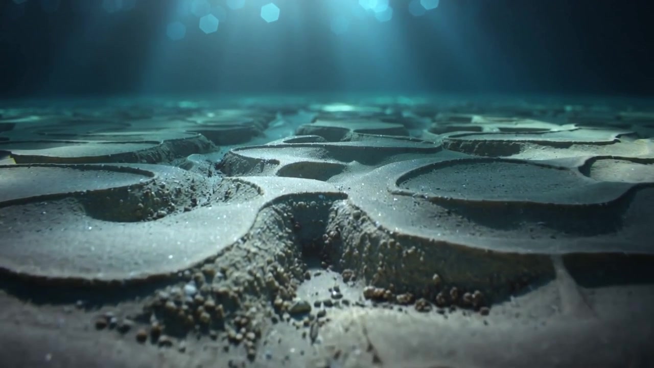 Shifting shallow scalloped seabed sliding grains into troughs as currents move, sunlight scattering