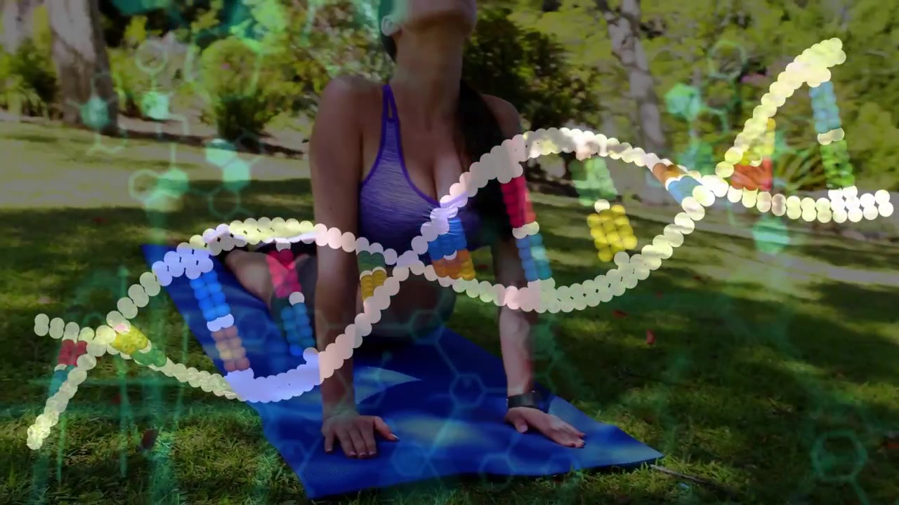 Kneeling on blue mat starting yoga, woman sliding through child's pose into plank in sunlit park