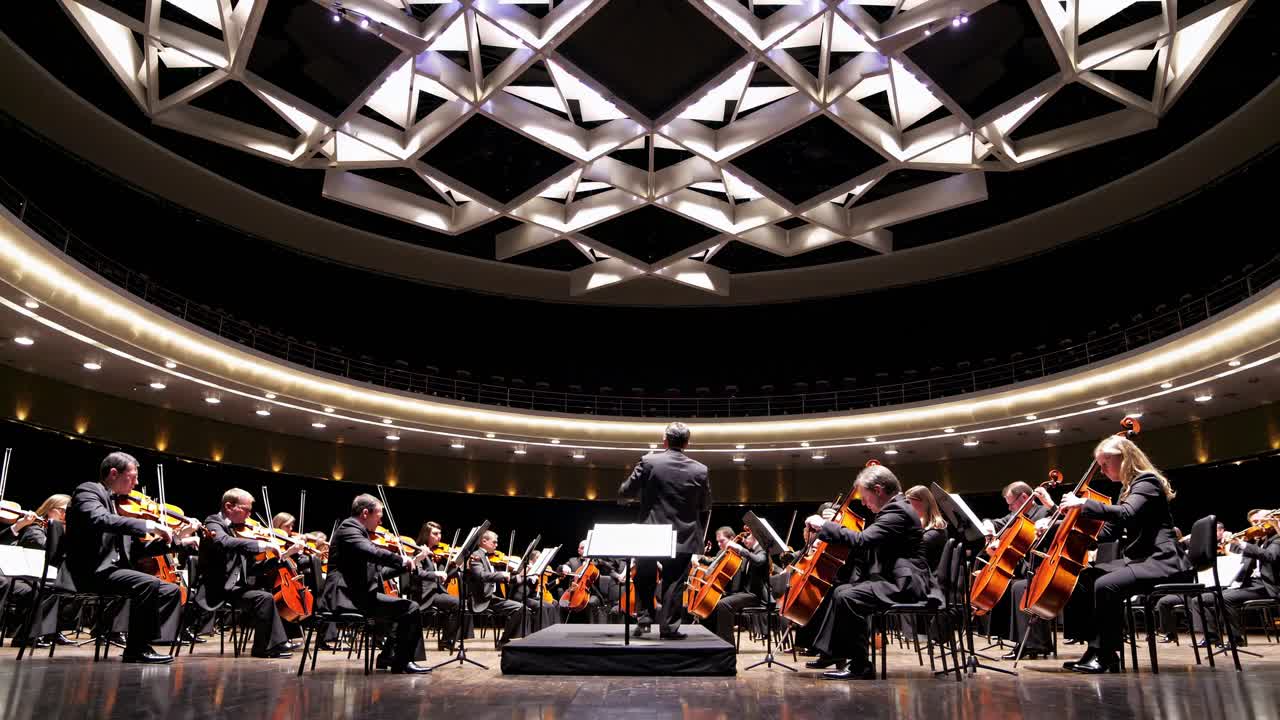 Wide-angle shot of an orchestra performing in a modern concert hall, capturing the conductor