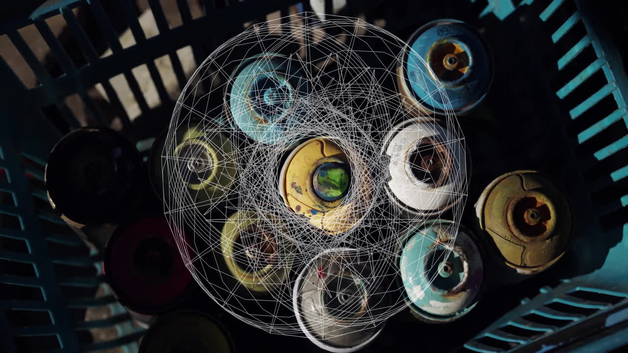 Arranged spray paint cans in crate with geometric pattern animation overlay
