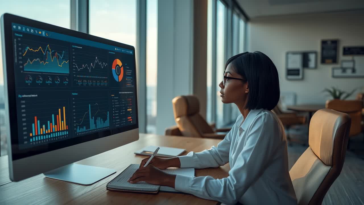 Arriving analyst at desk viewing monitor charts noting insights with pen in notebook, copy space