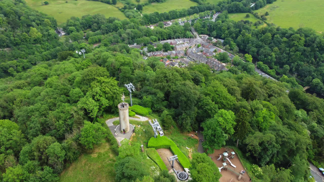 Aerial drone view of village wth heals and funicular near Edinburgh United Kingdom