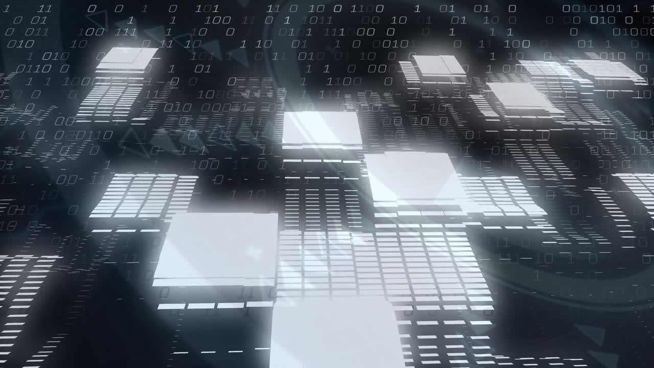 Floating digital panels being animated in cyberspace, showing binary streams over 3D grid platforms