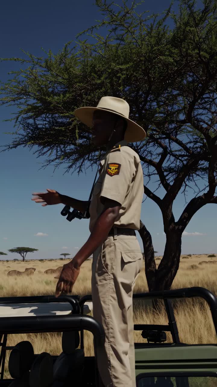 A video still from a low-angle shot of a safari jeep in an African savanna, capturing vast
